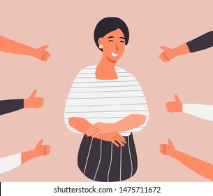 Happy young woman is standing and she is surrounded by hands with thumbs up. Scene of public approval and appreciation of friends, coworkers.  Cartoon concept vector of acknowledgment and recognition.