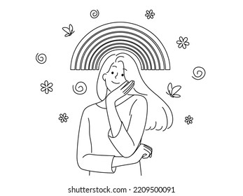 Happy young woman standing under rainbow dreaming of bright future. Smiling girl daydream about plans and perspectives. Vector illustration. 