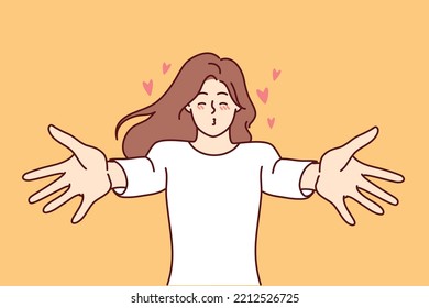 Happy young woman stretch arms waiting for love and kisses. Smiling girl share affection and feelings. Vector illustration. 