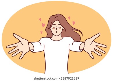 Happy young woman stretch arms waiting for love and kisses. Smiling girl share affection and feelings. Vector illustration.