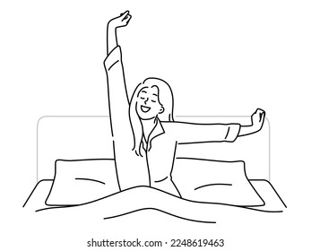 Happy young woman stretch waking up in bed at home. Smiling girl enjoy good morning in bedroom. Relaxation concept. Vector illustration. 
