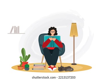 Happy young woman or student reading books at home, reading books, education concept, home library concept, reading is power concept, hobbies concept, flat vector illustration