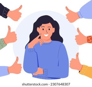 Happy young woman surrounded by hands with thumbs up. Concept of public approval, acknowledgment by audience, positive opinion, recognition. Colored vector illustration in flat cartoon style