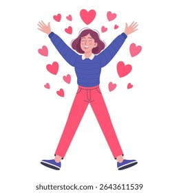 Jovem feliz cercada de corações. Vetor plano ilustração de amor, alegria e emoções positivas sobre fundo branco, conceito, menina no amor, dando amor