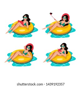 Happy young woman swiming on yellow inflatable ring in swimming pool. Vector flat cartoon illustration set, isolated on white background. Summer beach vacation design elements