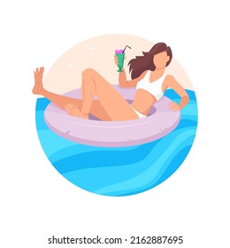 Happy young woman swimming on inflatable ring and holding a cocktail. Holiday vacation mood concept. Beautiful summer girl relaxing on the sea. Flat style vector design illustration