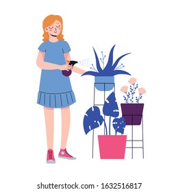 Happy young woman takes care of potted plants. indoor flower plants. Green criminal in a house or apartment. Daily routine. Vector flat illustration on a white background. Isolated