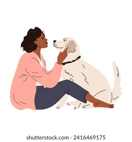 Happy young woman taking care of her dog. A labrador dog and its owner are hugging. Caring for a pet. Cartoon vector illustration
