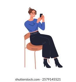 Happy young woman taking photo with smartphone. Modern content maker, girl blogger photographing, shooting video with mobile phone in hands. Flat vector illustration isolated on white background