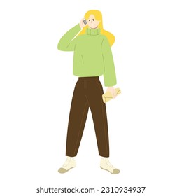 Happy young woman talking on phone. Smiling secretary or businesswoman explaining and presenting smth. Colored flat vector illustration isolated on white background