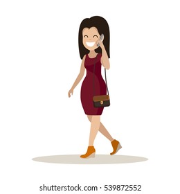 Happy young woman talking on the phone. Vector illustration.