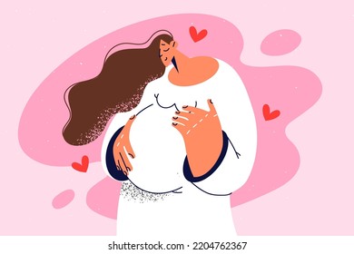 Feliz joven mujer tocando el vientre emocionada por la futura maternidad. Una mujer embarazada sonriente acaricia el abdomen. Embarazo y maternidad. Ilustración vectorial. 