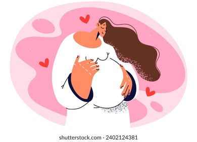 Feliz joven mujer tocando el vientre emocionada por la futura maternidad. Una mujer embarazada sonriente acaricia el abdomen. Embarazo y maternidad. Ilustración vectorial.