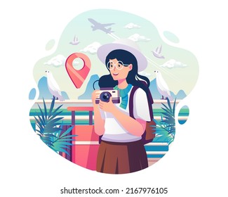 Happy young woman tourist in a white hat holding the camera to take photos during the tour. Summer vacation or holiday and traveling concept. Vector illustration in flat style