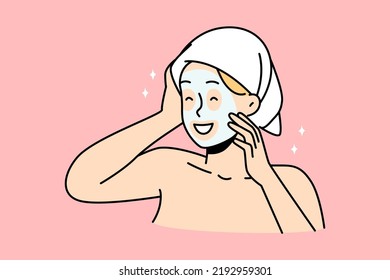 Happy young woman in towel on head and facial mask enjoy beauty procedure. Smiling girl have face skincare routine at home on spa day. Vector illustration. 