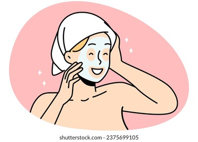 Happy young woman in towel on head and facial mask enjoy beauty procedure. Smiling girl have face skincare routine at home on spa day. Vector illustration.