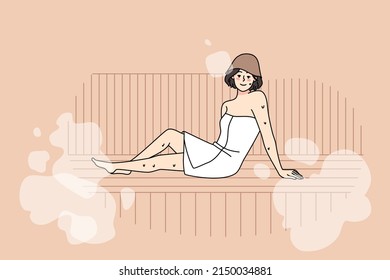 Happy young woman in towel relax in sauna enjoy bodycare procedures. Smiling girl rest in bathhouse with hot steam, take acre of health and wellness. Flat vector illustration. 