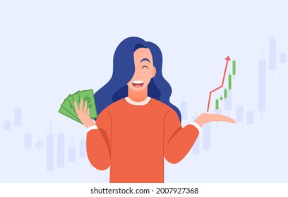 Happy young woman trading stocks, cryptocurrency, market get profit,hold cash, investing concepts, Candlestick graph buy and sell sign,internet earning cash study, winning plenty of money, vector 