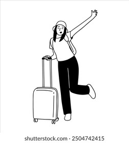 Happy young woman traveler standing with her suitcase