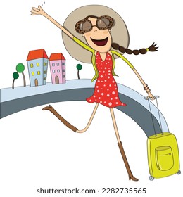 A happy young woman traveling 