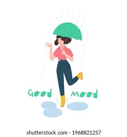 Happy young woman with an umbrella jumping under the rain. Smiling girl outdoors. Good mood, energy, positive behavior icon. Vector illustration in flat modern style isolated on a white background