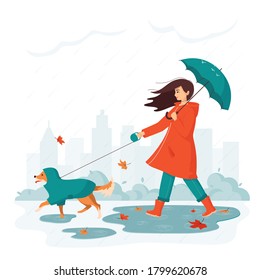 Happy young woman with umbrella walks a dog in a raincoat in city park in rainy autumn. Concept of outdoor activity in bad weather with a pet. Dog from shelter is the best friend. Vector illustration