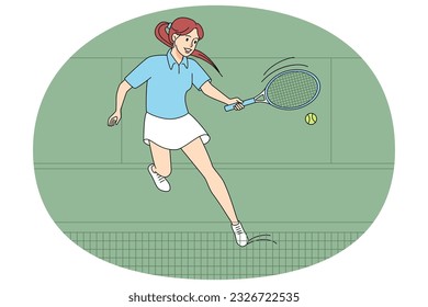 Happy young woman in uniform playing tennis outdoors. Smiling girl sport player on court. Hobby and healthy lifestyle. Vector illustration.