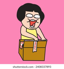 Happy Young Woman Unpacking The package And  Surprised Opening A Present Box And Looking Inside Concept Card Character illustration