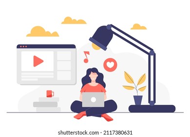 Happy Young Woman Use Laptop Computer And Enjoy Watching Music Video On Internet At Home, Cartoon Vector Illustration