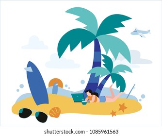 Happy young woman using laptop on a beach.
vector illustration banner.
Freelance work concept.
flat cartoon character design for mobile and web