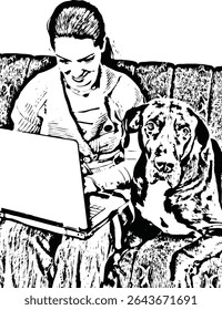Happy young woman using laptop home and sitting in a couch with her big dog  