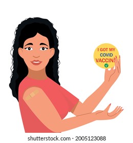 Happy young woman vaccinated against covid -19. For web page and vaccination centre. Vector illustration.
