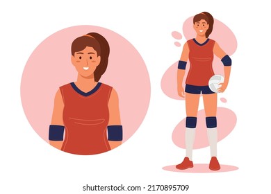 Happy young woman volleyball player. Cartoon vector illustration isolated on white background