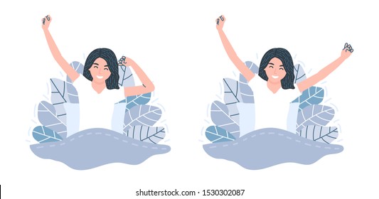 Happy young woman wake up in the morning. Girl stretching in bed, raise her hands. Beginning a new day. Good morning. Daily Routine Activities. Concept vector illustration in cartoon flat style.