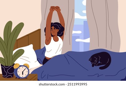 Happy young woman wakes up early. Person sits in bed, stretching in morning. African American Girl wakeup after healthy sleep. Character awake from rest with cat in bedroom. Flat vector illustration