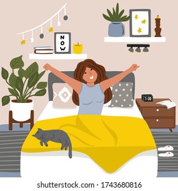 Happy young woman waking up at home in her bed with sleeping cat in the morning. Start of working day, everyday life, daily activity. Colorful vector illustration in flat cartoon style.