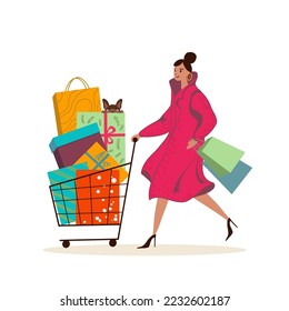 Happy young woman walking and carrying shopping cart and bags with Christmas gifts. Girl with her dog and New Year presents for winter holidays. Flat vector illustration. Isolated