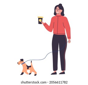 Happy young woman walking with dog and cup of coffee. Female character drinking hot drink outdoor on walk. Girl relaxing with her pet, communicates on street with friend isolated on white background