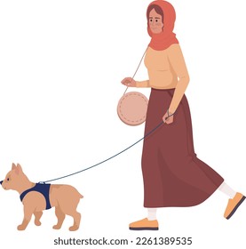 Happy young woman walking dog on leash semi flat color vector character. Editable figure. Full body person on white. Simple cartoon style illustration for web graphic design and animation