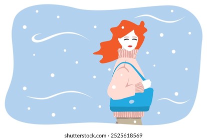 Mujer joven feliz que camina con el fondo de los copos de nieve que cae. Ilustración vectorial