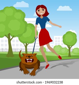 Happy young woman walking with her angry dog in the park. Vector illustration.