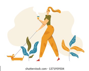 Happy Young Woman Walking in the Park with Dog and Cup of Coffee. Female Character Drinking Coffee Outdoor on the Walk. Vector flat cartoon illustration