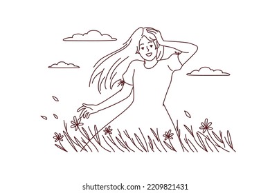 Happy young woman walking in summer field enjoying goo day. Smiling girl in countryside have recovery from mental illness. Vector illustration. 