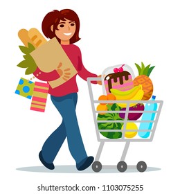 Happy Young Woman Walking With A Supermarket Shopping Cart Full Of Groceries.Girl Buying Food In Grocery Store. Cartoon Flat Vector Illustration Isolated On White Background.