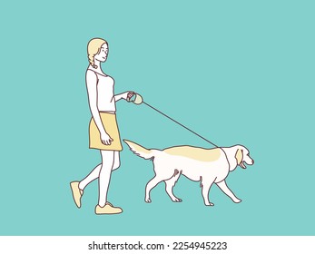 Happy young woman walking their dog simple korean style illustration