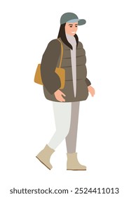 Happy young woman in warm winter clothes on a walk. Winter fashion. Vector illustration isolated on white background.