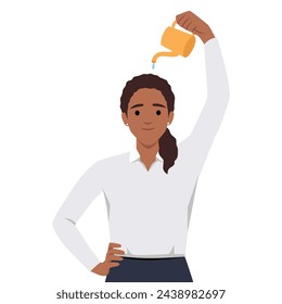 Happy young woman watering flowers on her head. Flat vector illustration isolated on white background