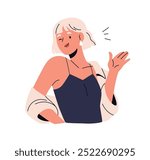 Happy young woman waving hand, greeting gesture. Charming cheerful female character winking, flirting. Excited joyful smiling playful girl. Flat vector illustration isolated on white background