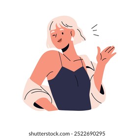 Jovem feliz acenando com a mão, cumprimentando o gesto. Charmosa personagem feminina alegre piscando, flertando. Excitada alegre sorridente menina brincalhão. Ilustração de vetor plano isolada no plano de fundo branco