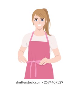 Happy young woman wearing apron uniform. Flat vector Character Illustration